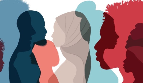 Silhouette profile group of men and women of diverse culture